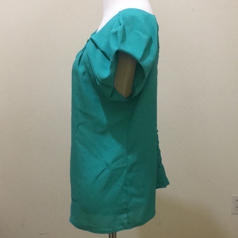 Short sleeve teal blouse with back button closure, Sz M - Picture 2 of 7